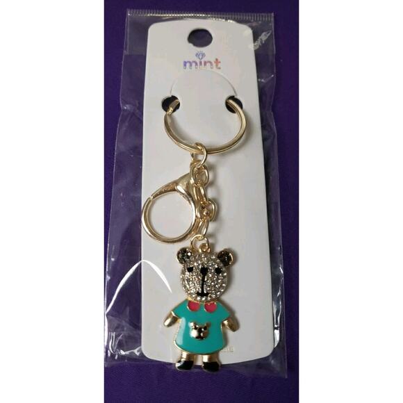 Mint Turquoise & Pink Bear Rhinestone Purse Charm Key Ring Chain Gold Tone New - Picture 1 of 4